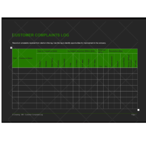 Customer Complaints Log Template for cleaning businesses. Systematically document and track customer complaints, including date, customer name, type of complaint, resolution time, referral, and resolution. Enhance customer satisfaction by efficiently managing complaints.