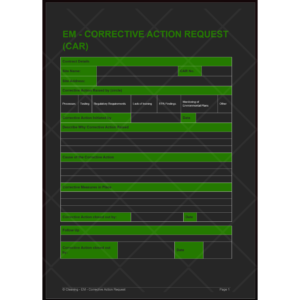 Corrective Action Request (CAR) Template for cleaning businesses. Systematically document and resolve issues requiring corrective action, including process failures, regulatory compliance, and training gaps. Includes sections for contract details, action description, cause, corrective measures, closure, and follow-up.