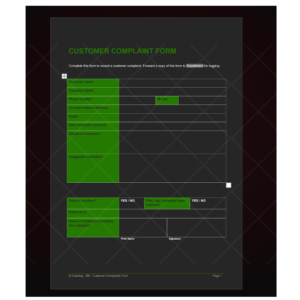 Customer Complaints Form Template for cleaning businesses. Document, investigate, and resolve customer complaints professionally. Includes sections for customer information, complaint details, suggested resolution, dispute resolution, referral details, and employee record. Ensure prompt and effective handling of customer complaints.