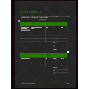 Rates Schedule Template for cleaning businesses. Create detailed costing sheets for services and goods, including job descriptions, tasks, daily rates, total costs, and material costs. Ensure transparency and accuracy in business proposals and quotations with this comprehensive template.