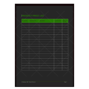 Product Price List Template for cleaning businesses. Organize and present detailed pricing information for products, including product numbers, names, descriptions, standard and bulk prices. Ensure transparency and clarity in your pricing strategy with this comprehensive template.